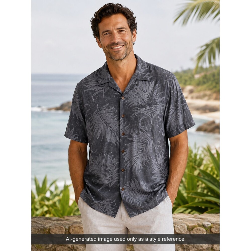 Tommy Bahama Men's M Silk Gray Tropical Hawaiian Short Sleeve Button-Up Shirt